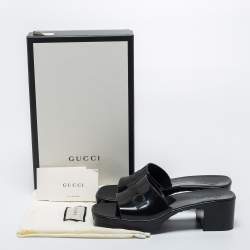 Pre Owned Gucci Black Logo Rubber Slide Block Heel Sandals Size 38
