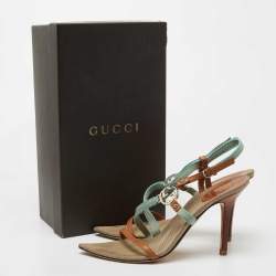 Gucci Brown/Blue Canvas and Leather Horsebit Ankle Strap Sandals Size 38