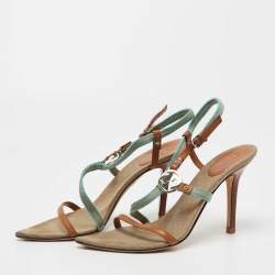 Gucci Brown/Blue Canvas and Leather Horsebit Ankle Strap Sandals Size 38