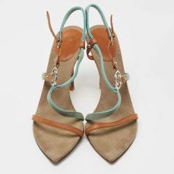 Gucci Brown/Blue Canvas and Leather Horsebit Ankle Strap Sandals Size 38