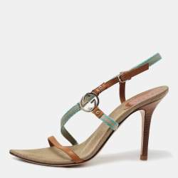 Gucci Brown/Blue Canvas and Leather Horsebit Ankle Strap Sandals Size 38