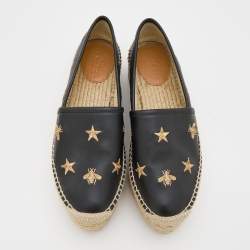 Pre Owned Gucci Black Leather Bee and Star Embroidered Platform Espadrilles Size 38
