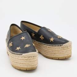 Pre Owned Gucci Black Leather Bee and Star Embroidered Platform Espadrilles Size 38