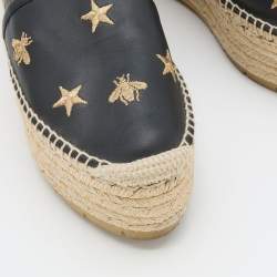 Pre Owned Gucci Black Leather Bee and Star Embroidered Platform Espadrilles Size 38