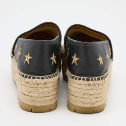 Pre Owned Gucci Black Leather Bee and Star Embroidered Platform Espadrilles Size 38