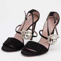 Gucci Black Suede Crystal Embellished GG Interlock Ankle Strap Sandals Size 38.5