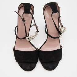 Gucci Black Suede Crystal Embellished GG Interlock Ankle Strap Sandals Size 38.5