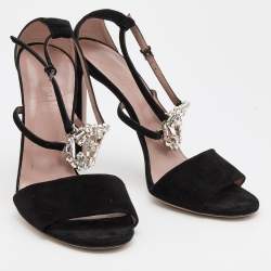 Gucci Black Suede Crystal Embellished GG Interlock Ankle Strap Sandals Size 38.5