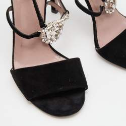 Gucci Black Suede Crystal Embellished GG Interlock Ankle Strap Sandals Size 38.5
