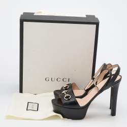Pre Owned Gucci Black Leather Horsebit Platform Ankle Strap Sandals Size 40