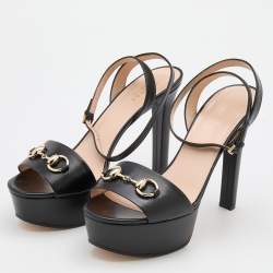 Pre Owned Gucci Black Leather Horsebit Platform Ankle Strap Sandals Size 40