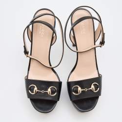 Pre Owned Gucci Black Leather Horsebit Platform Ankle Strap Sandals Size 40