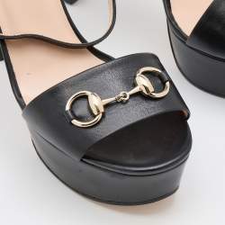 Pre Owned Gucci Black Leather Horsebit Platform Ankle Strap Sandals Size 40