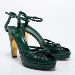 Pre Owned Gucci Green Python Leather Ankle Strap Platform Sandals Size 40