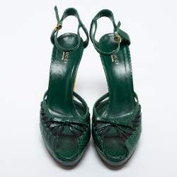 Pre Owned Gucci Green Python Leather Ankle Strap Platform Sandals Size 40
