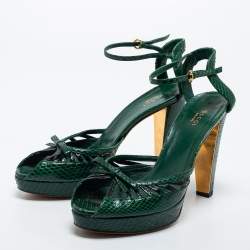 Pre Owned Gucci Green Python Leather Ankle Strap Platform Sandals Size 40