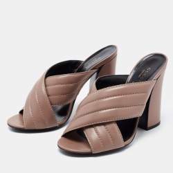 Gucci Light Brown Quilted Leather Criss Cross Block Heel Mules Size 39