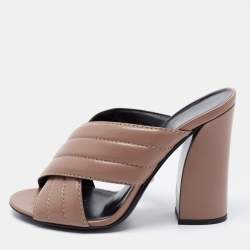 Gucci Light Brown Quilted Leather Criss Cross Block Heel Mules Size 39