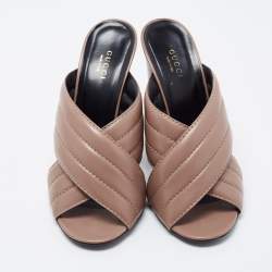 Gucci Light Brown Quilted Leather Criss Cross Block Heel Mules Size 39