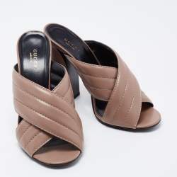 Gucci Light Brown Quilted Leather Criss Cross Block Heel Mules Size 39