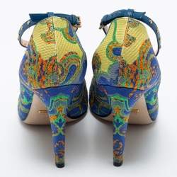 Pre Owned Gucci Multicolor Brocade Fabric and Studded Leather Crystal Embellished Ankle Strap Pumps Size 39