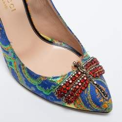 Pre Owned Gucci Multicolor Brocade Fabric and Studded Leather Crystal Embellished Ankle Strap Pumps Size 39