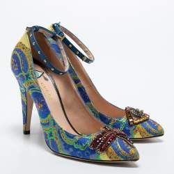 Pre Owned Gucci Multicolor Brocade Fabric and Studded Leather Crystal Embellished Ankle Strap Pumps Size 39