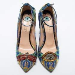 Pre Owned Gucci Multicolor Brocade Fabric and Studded Leather Crystal Embellished Ankle Strap Pumps Size 39