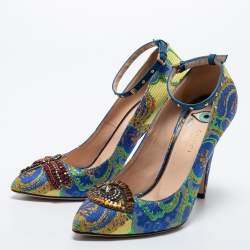 Pre Owned Gucci Multicolor Brocade Fabric and Studded Leather Crystal Embellished Ankle Strap Pumps Size 39
