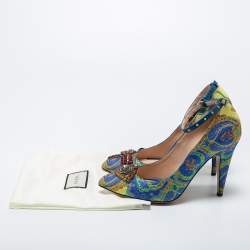Pre Owned Gucci Multicolor Brocade Fabric and Studded Leather Crystal Embellished Ankle Strap Pumps Size 39