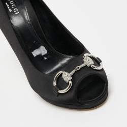 Pre Owned Gucci Black Satin Embellished Horsebit Peep Toe Platform Pumps Size 36.5