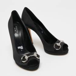 Pre Owned Gucci Black Satin Embellished Horsebit Peep Toe Platform Pumps Size 36.5