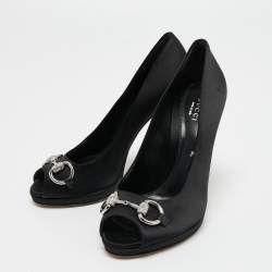 Pre Owned Gucci Black Satin Embellished Horsebit Peep Toe Platform Pumps Size 36.5