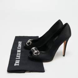Pre Owned Gucci Black Satin Embellished Horsebit Peep Toe Platform Pumps Size 36.5