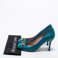 مملوكة مسبقًا Gucci Teal Leather Horsebit Square Toe Pumps Size 36.5