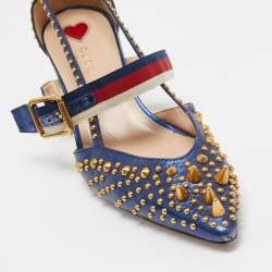 Pre Owned Gucci Metallic Blue Studded Leather Sylvie Mary Jane Pumps Size 37.5