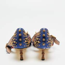 Pre Owned Gucci Metallic Blue Studded Leather Sylvie Mary Jane Pumps Size 37.5