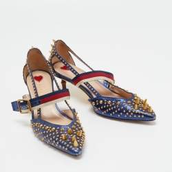 Pre Owned Gucci Metallic Blue Studded Leather Sylvie Mary Jane Pumps Size 37.5
