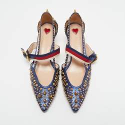 Pre Owned Gucci Metallic Blue Studded Leather Sylvie Mary Jane Pumps Size 37.5