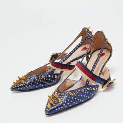 Pre Owned Gucci Metallic Blue Studded Leather Sylvie Mary Jane Pumps Size 37.5