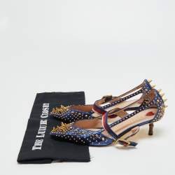 Pre Owned Gucci Metallic Blue Studded Leather Sylvie Mary Jane Pumps Size 37.5