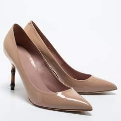Pre Owned Gucci Beige Patent Pointed Toe Bamboo Heel Pumps Size 38