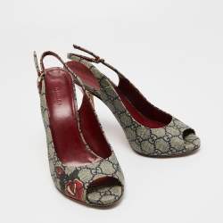 Pre Owned Gucci Grey/Navy Blue GG Supreme Canvas Tattoo Slingback Peep Toe Pumps Size 39