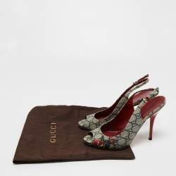 Pre Owned Gucci Grey/Navy Blue GG Supreme Canvas Tattoo Slingback Peep Toe Pumps Size 39