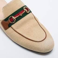 مملوكة مسبقًا Gucci Beige Canvas Vintage Charlotte Web Princetown Flat Mules Size 38.5 