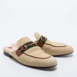 مملوكة مسبقًا Gucci Beige Canvas Vintage Charlotte Web Princetown Flat Mules Size 38.5 