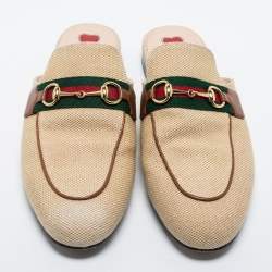 مملوكة مسبقًا Gucci Beige Canvas Vintage Charlotte Web Princetown Flat Mules Size 38.5 