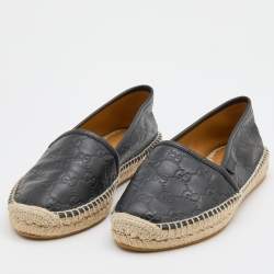 Pre Owned Gucci Black Guccissima Leather Pilar Espadrille Flats Size 38.5