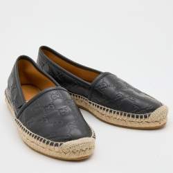 Pre Owned Gucci Black Guccissima Leather Pilar Espadrille Flats Size 38.5