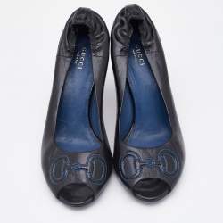 Gucci Black Leather Horsebit Embroidered Peep Toe Pumps Size 39